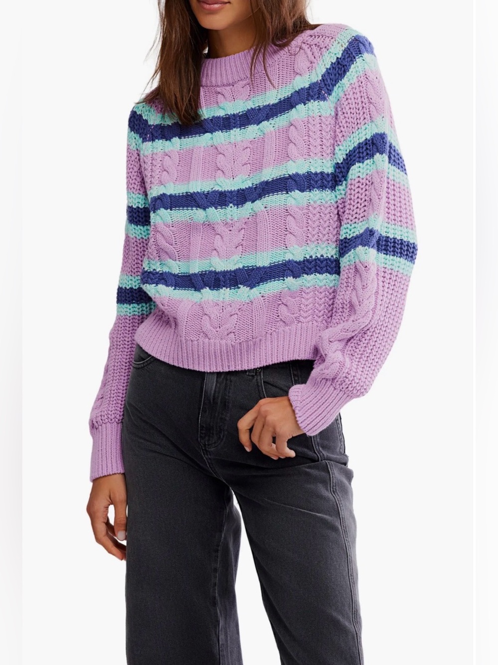NEW FREE PEOPLE women's frankie cable striped pullover in Lilac combo XS